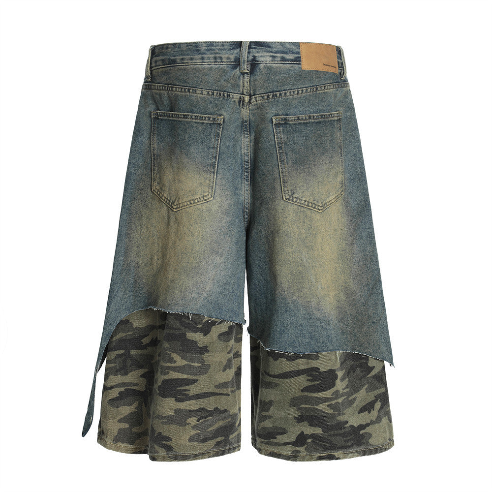 Distressed Camo Patchwork Denim Shorts