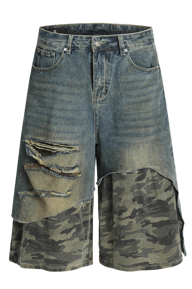Distressed Camo Patchwork Denim Shorts