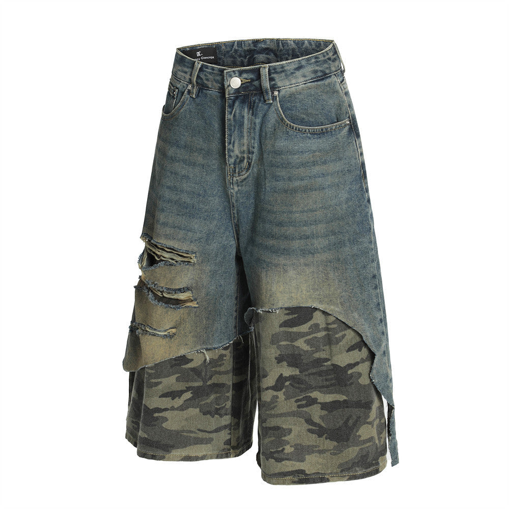 Distressed Camo Patchwork Denim Shorts