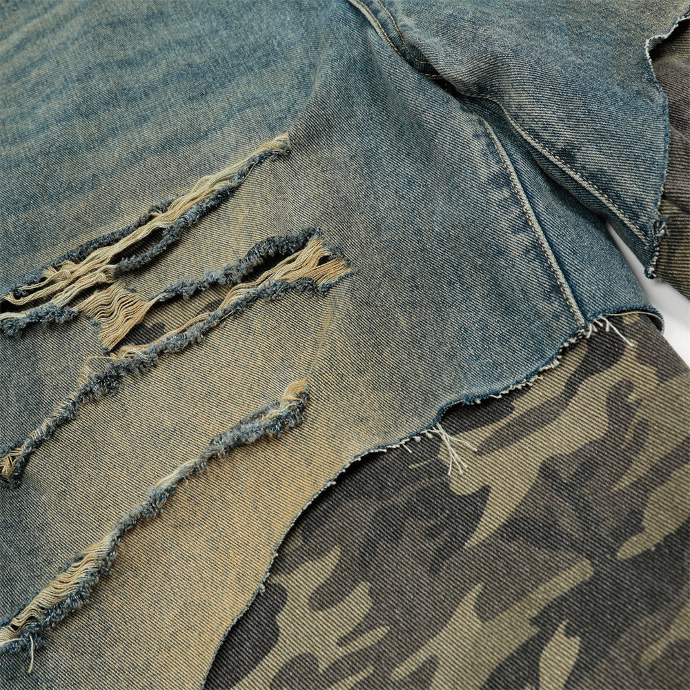 Distressed Camo Patchwork Denim Shorts